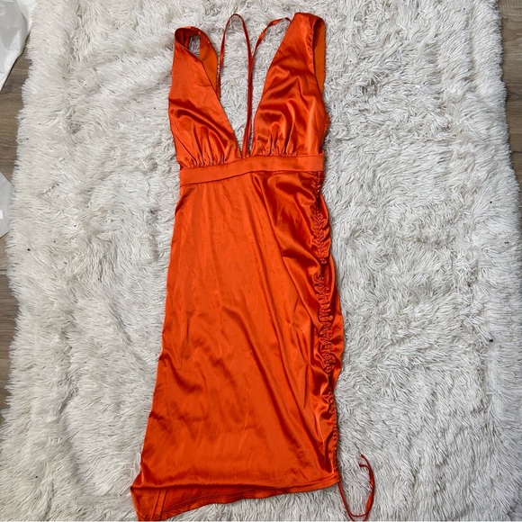 ◾️3/$25 SHEIN Satin Rushed Midi Dress Plunge Neckline Criss Cross Back - Picture 6 of 9